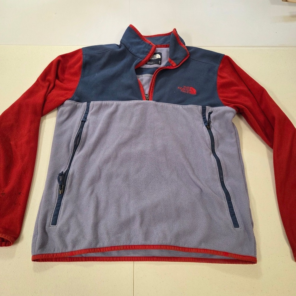 The North Face Mens M Fleece Pullover 1/4 Zip Colorblock Blue Red Grey Jacket